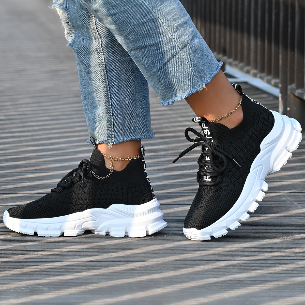 Femme Noir Ã€ Lettres Baskets , Ã€ Bout Rond Ã€ Lacets Chaussures De Course