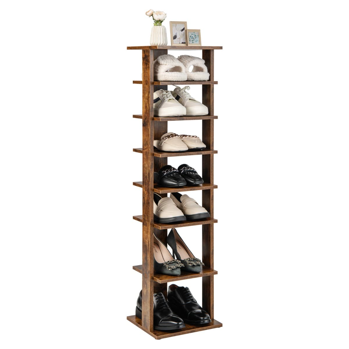 CostwayMeuble à Chaussures 7 Niveaux en Forme de Tour Peu Encombrante Rangement d'Angle 27x26x110cm Café